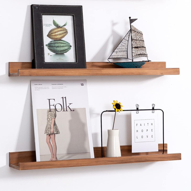 AZSKY Floating Nursery Book Shelves Light Fair Pale Walnut Rustic Picture Photo Ledge Shelves Wall Mounted Wooden Display Shelf for Bathroom Bedroom Kitchen 24 Inch Wall Shelves a Set of 2 - Image 1
