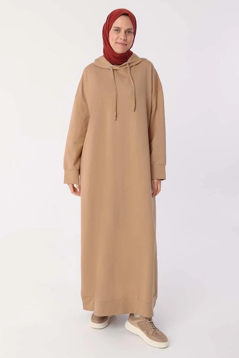 Allday Beige-Plus Size Hooded Basic Knitted Dress