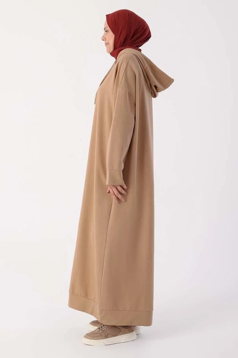 Allday Beige-Plus Size Hooded Basic Knitted Dress