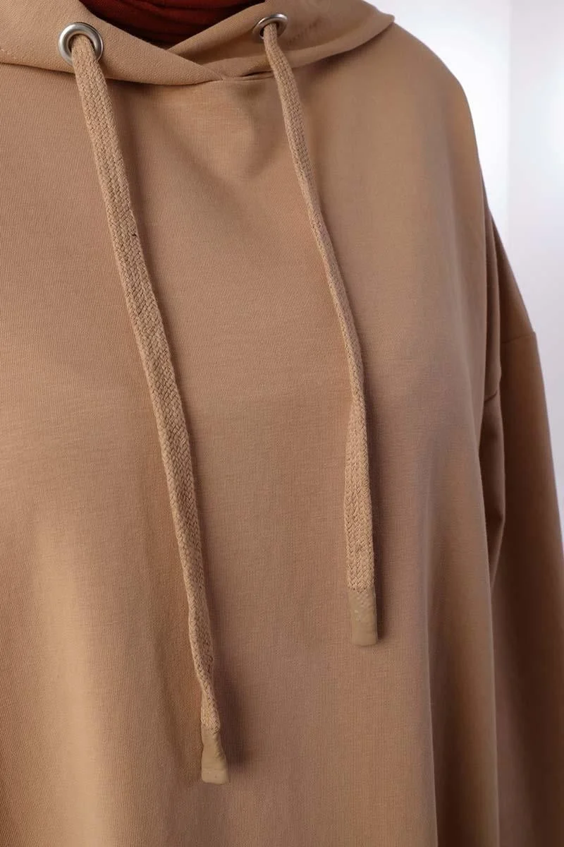 Allday Beige-Plus Size Hooded Basic Knitted Dress
