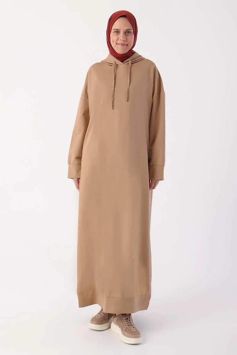 Allday Beige-Plus Size Hooded Basic Knitted Dress