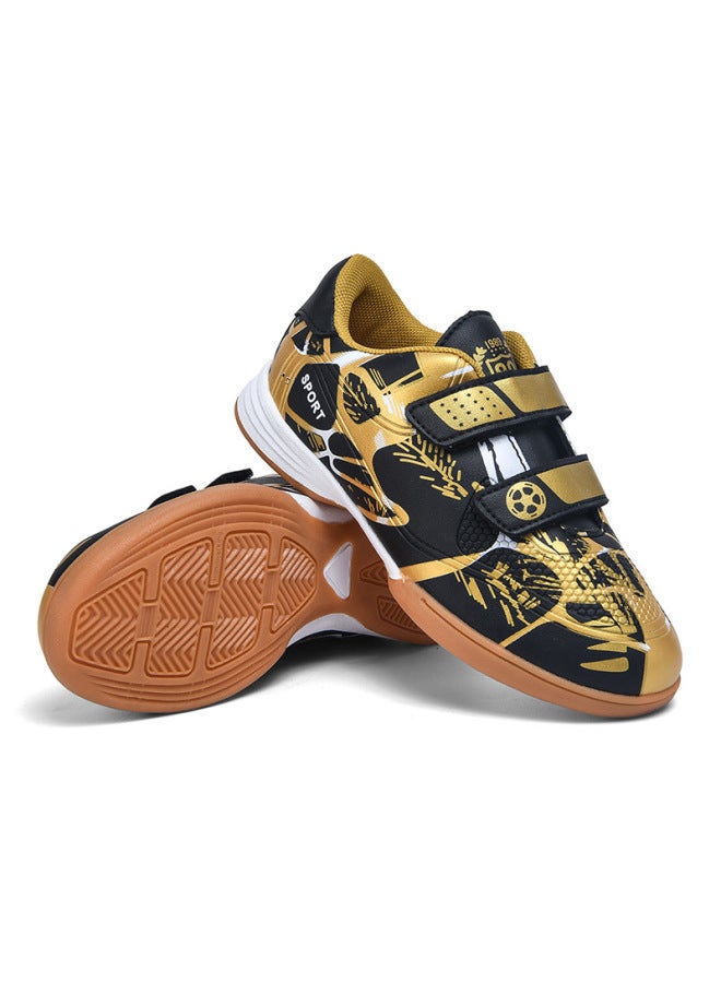 Black Gold Football Shoes Indoor Cement Floor Flat-soled Football Shoes For Primary And Secondary School Students, Boys And Girls With Beef Sole Velcro