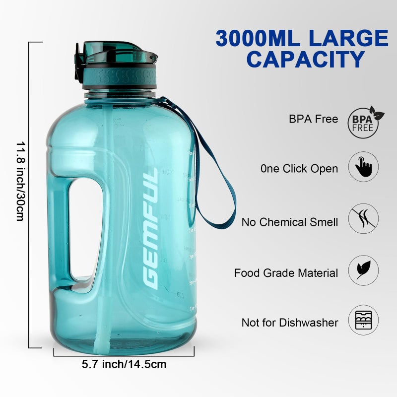 GEMFUL 3 Liter Water Bottle with Straw 101oz BPA-Free Leakproof Time Marker Handle for Gym Sports Large Motivational Jug for Men Women (Cyan with Removable Straw) - Image 4