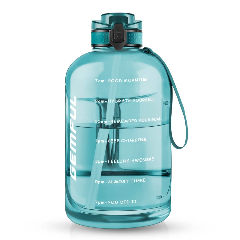 GEMFUL 3 Liter Water Bottle with Straw 101oz BPA-Free Leakproof Time Marker Handle for Gym Sports Large Motivational Jug for Men Women (Cyan with Removable Straw) - Image 1