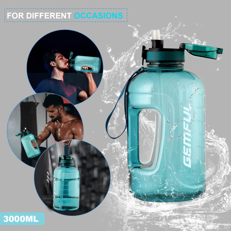 GEMFUL 3 Liter Water Bottle with Straw 101oz BPA-Free Leakproof Time Marker Handle for Gym Sports Large Motivational Jug for Men Women (Cyan with Removable Straw) - Image 2
