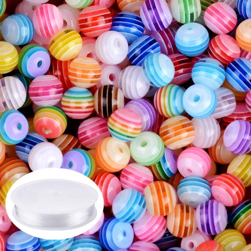 Looconi Amaney 300 pcs 8mm Acrylic Rainbow Stripes Beads Colourful Round with 1 Roll 5M Crystal String Cord for Jewelry Making Bracelets Necklaces Key Chains