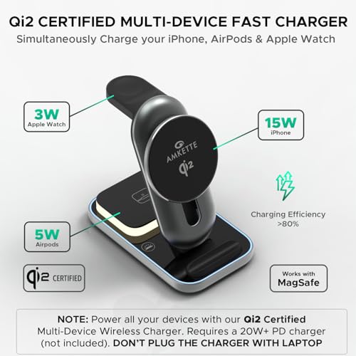 Amkette PowerPro Air 920, 3-in-1 Qi2 Certified 23W Magsafe Wireless Charger for iPhone | Compatible with iPhone 16,15,14,13,12 Series | AirPods 4th,3rd,2nd Gen/Pro | Apple Watch 10/9/8/7/6/5/SE/Ultra - Image 3