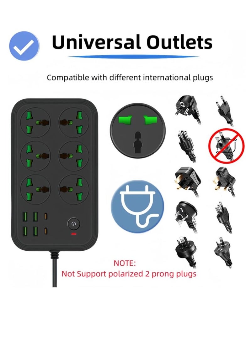 JAJEEK 12-in-1 Power Strip with USB-C, Universal Extension Cord, 6 AC Outlets, 4 USB Ports, 110-240V, Max 3000W, Wall Mountable International Plug Extender for Overseas Travel & Work (Black) – Surge Protection, Fast Charging & Compact Design  - Image 4