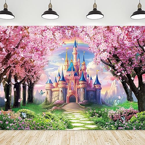 Riyidecor Princess Castle Backdrop Rainbow Pink Sakura Flowers Floral Fantasy Fairy Tale Wonderland 7Wx5H Feet Photography Background Birthday Wedding Party Photo Studio Shoot Polyester Fabric - Image 1