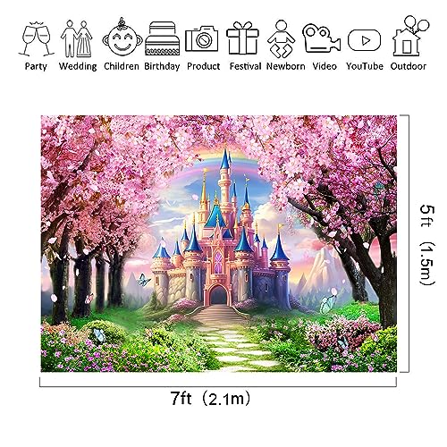 Riyidecor Princess Castle Backdrop Rainbow Pink Sakura Flowers Floral Fantasy Fairy Tale Wonderland 7Wx5H Feet Photography Background Birthday Wedding Party Photo Studio Shoot Polyester Fabric - Image 3