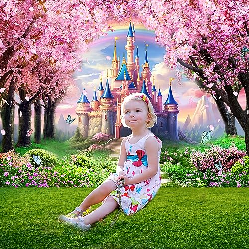 Riyidecor Princess Castle Backdrop Rainbow Pink Sakura Flowers Floral Fantasy Fairy Tale Wonderland 7Wx5H Feet Photography Background Birthday Wedding Party Photo Studio Shoot Polyester Fabric - Image 5