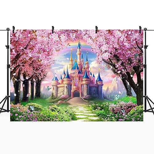 Riyidecor Princess Castle Backdrop Rainbow Pink Sakura Flowers Floral Fantasy Fairy Tale Wonderland 7Wx5H Feet Photography Background Birthday Wedding Party Photo Studio Shoot Polyester Fabric - Image 2