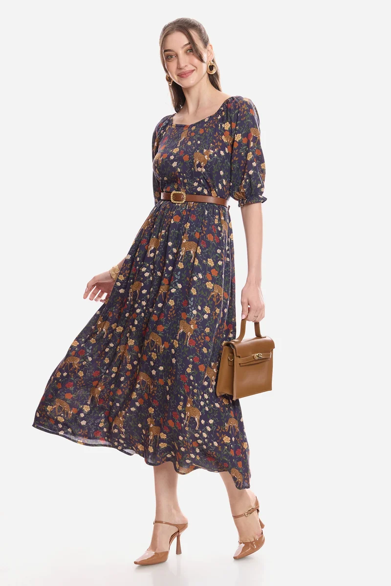 فيرجيو Animal Print Viscose Printed Midi Dress for Women