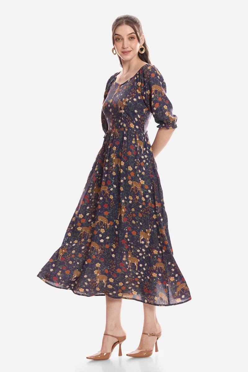 فيرجيو Animal Print Viscose Printed Midi Dress for Women