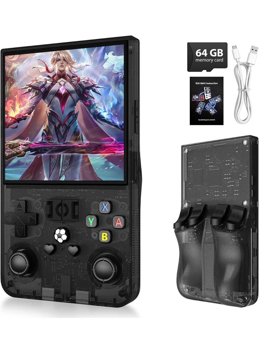 R36MAX Retro Handheld Game Console with 4.0 Inch IPS Display, Linux System, 64GB TF Card, Built-In 18000+ Classic Games, Portable Gaming Console for Adults & Kids, 4000mAh Rechargeable Battery - Black