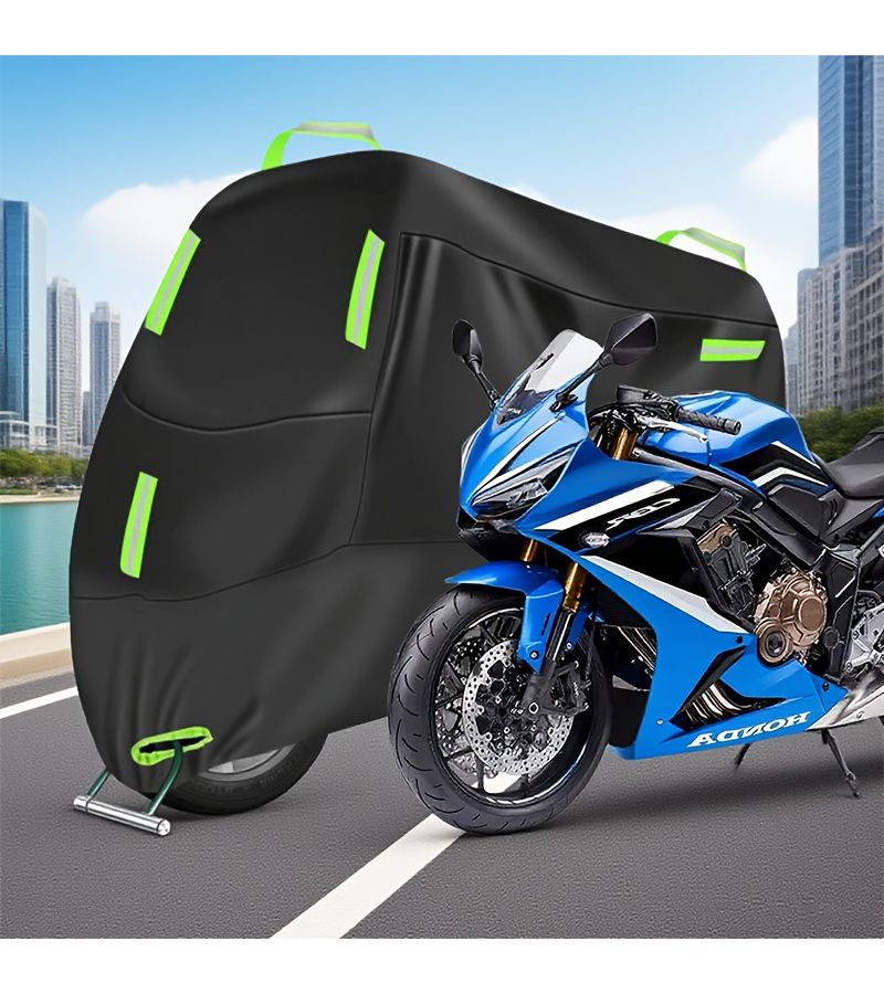 XL Guardian 210D Thickened Motorcycle Cover Green Reflective Strip Rain Sun Protection Car Cover Oxford Cloth Dust Cover With Built In Anti Theft Buckle All Season Motorcycle Protection Cover - Image 1