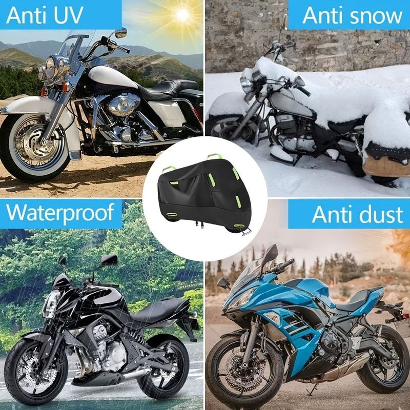 XL Guardian 210D Thickened Motorcycle Cover Green Reflective Strip Rain Sun Protection Car Cover Oxford Cloth Dust Cover With Built In Anti Theft Buckle All Season Motorcycle Protection Cover - Image 5