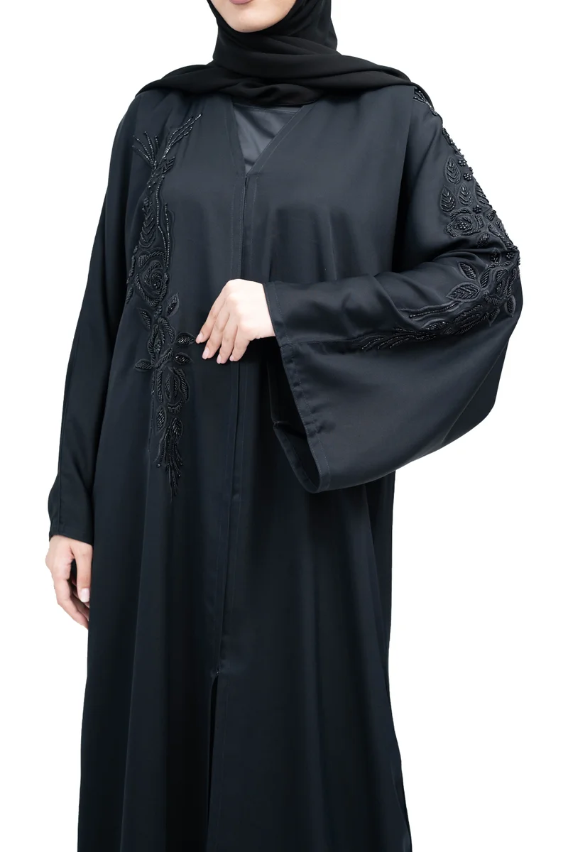 NUKHBAA Elegant Black Nida Abaya with Beadwork and Embroidery includes Hijab-623