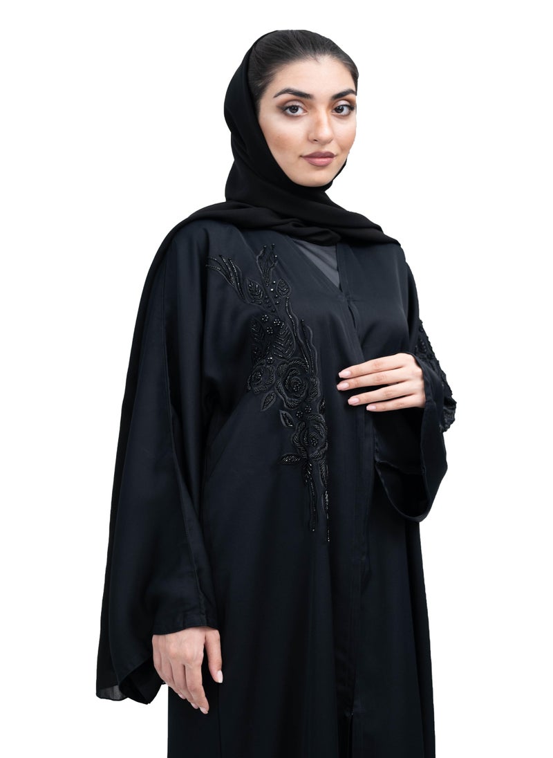 NUKHBAA - Elegant Black Nida Abaya with Beadwork and Embroidery includes Hijab-623 - Image 1