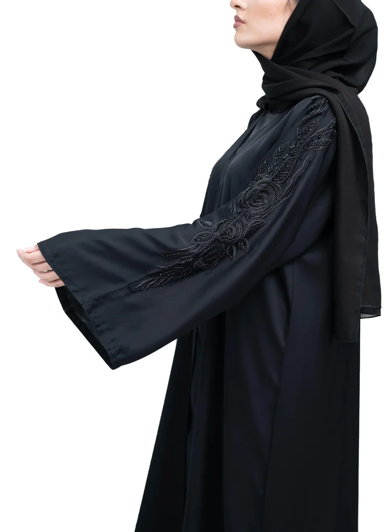 NUKHBAA Elegant Black Nida Abaya with Beadwork and Embroidery includes Hijab-623