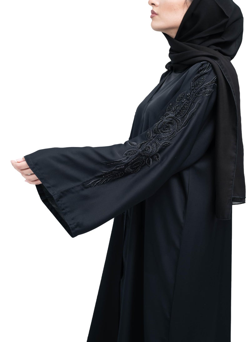 NUKHBAA - Elegant Black Nida Abaya with Beadwork and Embroidery includes Hijab-623 - Image 1
