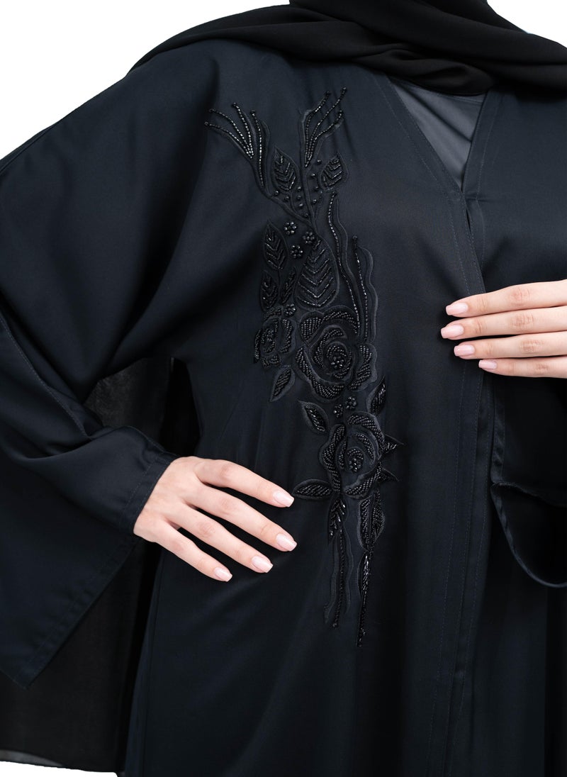 NUKHBAA - Elegant Black Nida Abaya with Beadwork and Embroidery includes Hijab-623 - Image 1