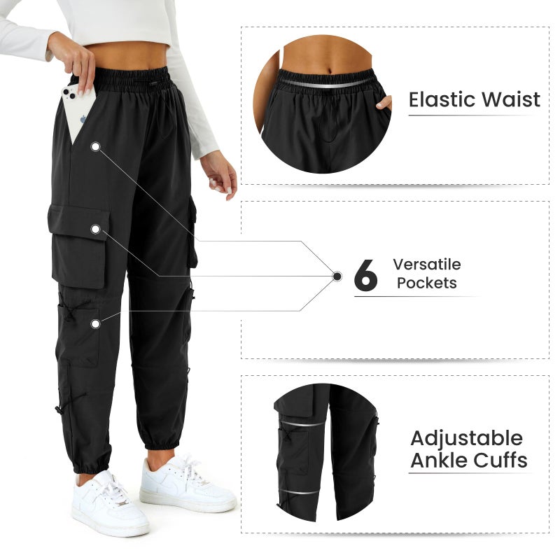 COPYLEAF Womens Parachute Cargo Pants with Pockets Quick Dry Hiking Pants Lightweight Waterproof Baggy Joggers(Black XL) - Image 5