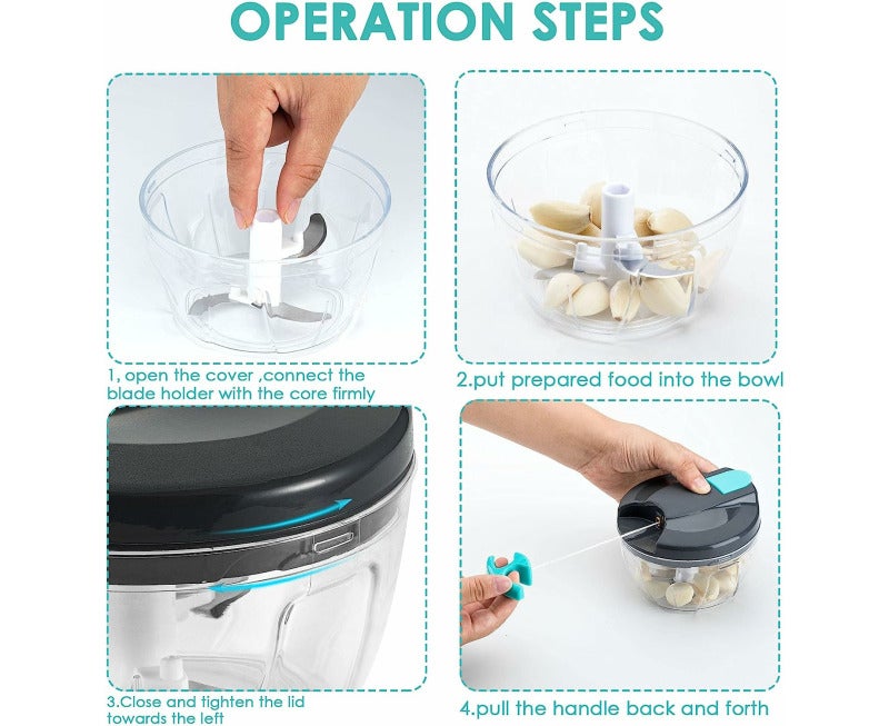Food Chopper 500ml Stainless Steel Blades - Ergonomic Non-Slip Handle Manual Processor for Home Kitchen Cooking - Image 5