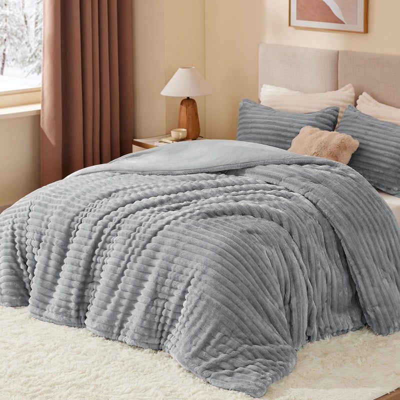 BEDELITE Fleece King Comforter Set -Super Soft & Warm Fluffy Light Grey Bedding, Luxury Fuzzy Heavy Bed Set for Winter with 2 Pillow Cases - Image 2