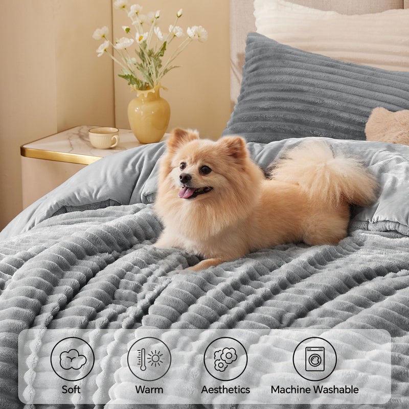 BEDELITE Fleece King Comforter Set -Super Soft & Warm Fluffy Light Grey Bedding, Luxury Fuzzy Heavy Bed Set for Winter with 2 Pillow Cases - Image 3