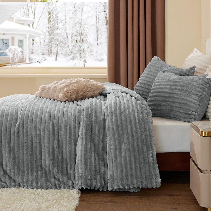BEDELITE Fleece King Comforter Set -Super Soft & Warm Fluffy Light Grey Bedding, Luxury Fuzzy Heavy Bed Set for Winter with 2 Pillow Cases - Image 4