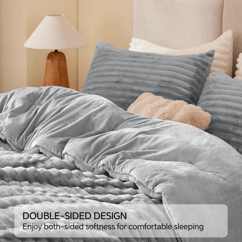 BEDELITE Fleece King Comforter Set -Super Soft & Warm Fluffy Light Grey Bedding, Luxury Fuzzy Heavy Bed Set for Winter with 2 Pillow Cases - Image 5