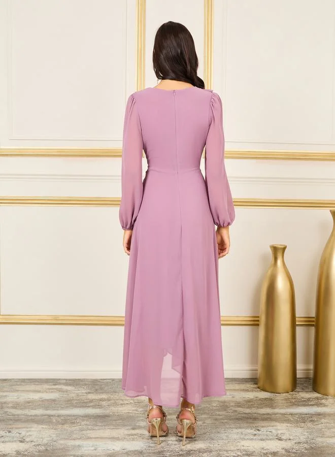 Styli Ruffle Asymmetric Hem A-Line Maxi Dress