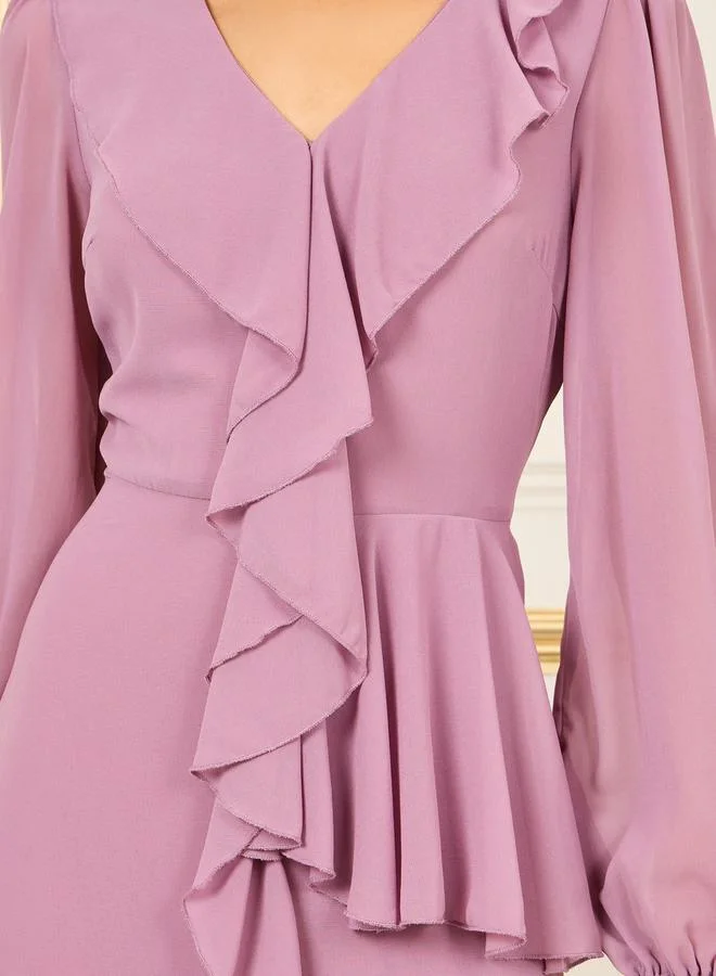 Styli Ruffle Asymmetric Hem A-Line Maxi Dress