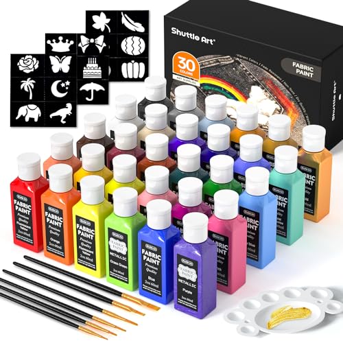 Shuttle Art Fabric Paint Shuttle Art 30 Colors Permanent Soft Fabric Paint in Bottles 60ml2oz with Brushes Palette Stencils NonToxic Textile Paint for Tshirts Shoes Jeans Bags DIY ProjectsArt Crafts - Image 1