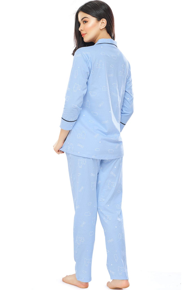 ZEYO Women's Cotton Bear Printed Blue Night Suit Set/Pajama Set of Shirt & Pyjama 5270 - Image 3