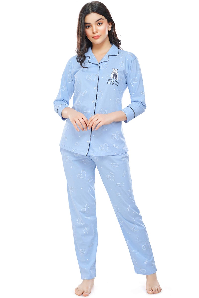 ZEYO Women's Cotton Bear Printed Blue Night Suit Set/Pajama Set of Shirt & Pyjama 5270 - Image 1