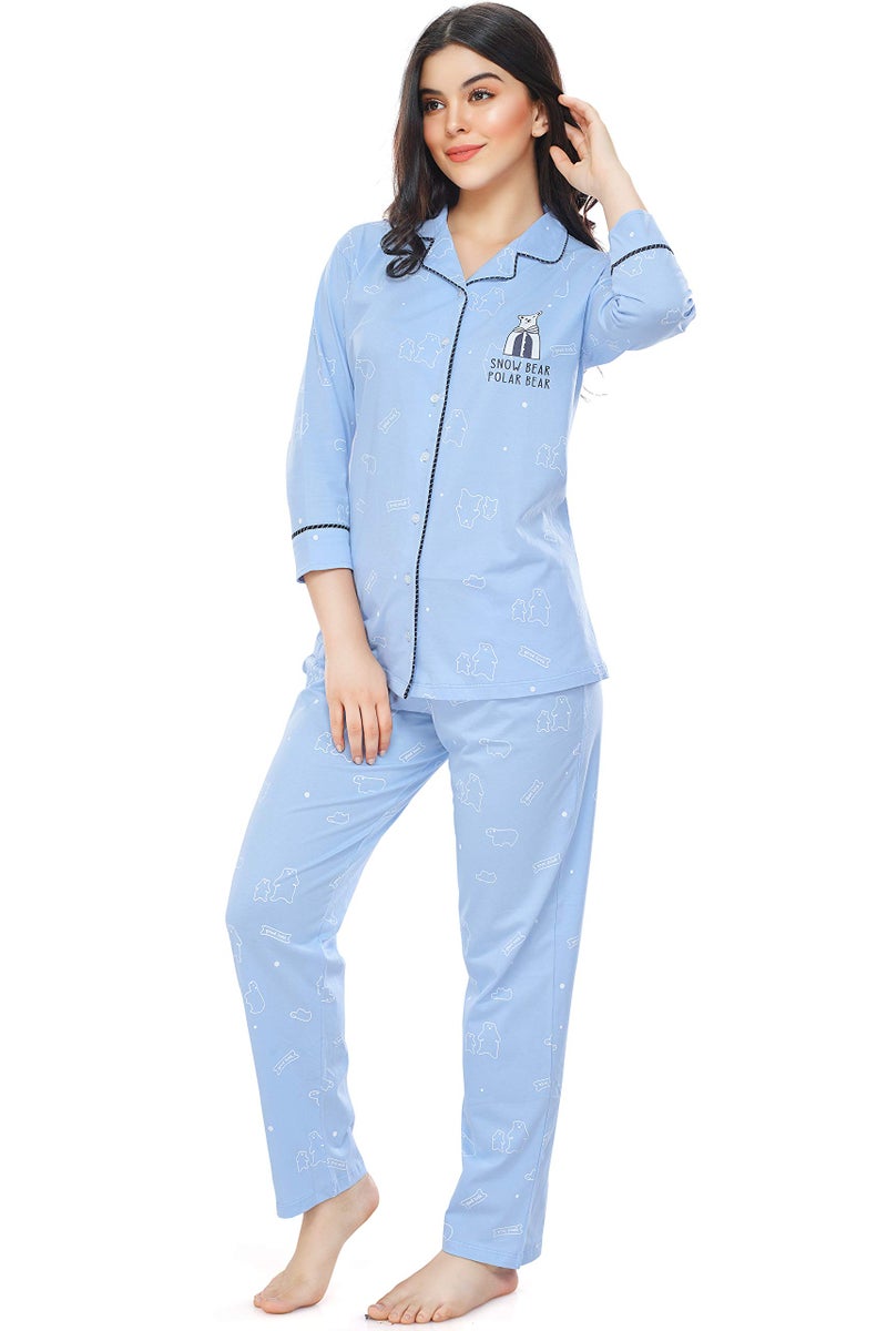 ZEYO Women's Cotton Bear Printed Blue Night Suit Set/Pajama Set of Shirt & Pyjama 5270 - Image 4