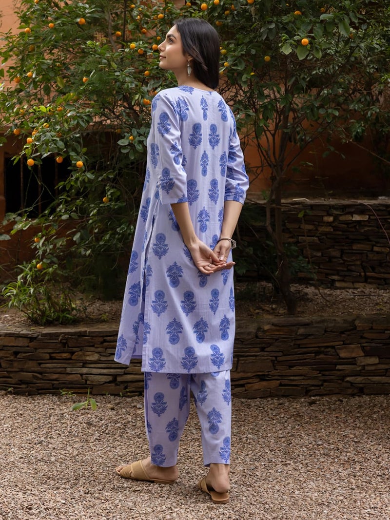 FIORRA Women's Blue Cotton Flared Kurta Set SET0198 - Image 2