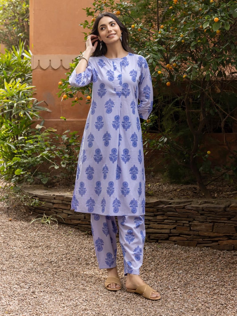 FIORRA Women's Blue Cotton Flared Kurta Set SET0198 - Image 4
