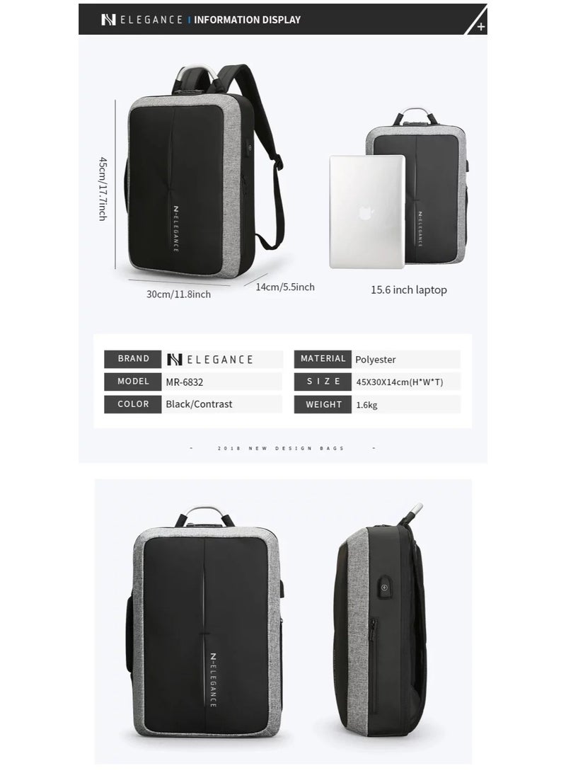 إليجانس حقيبة ظهر مدرسية كبيرة السعة للكمبيوتر المحمول مقاس 17 بوصة من N Elegance مزودة بمنفذ شحن USB ومقاومة للماء باللون الأسود - Image 4