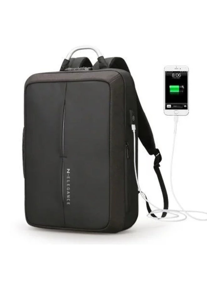 إليجانس حقيبة ظهر مدرسية كبيرة السعة للكمبيوتر المحمول مقاس 17 بوصة من N Elegance مزودة بمنفذ شحن USB ومقاومة للماء باللون الأسود - Image 2