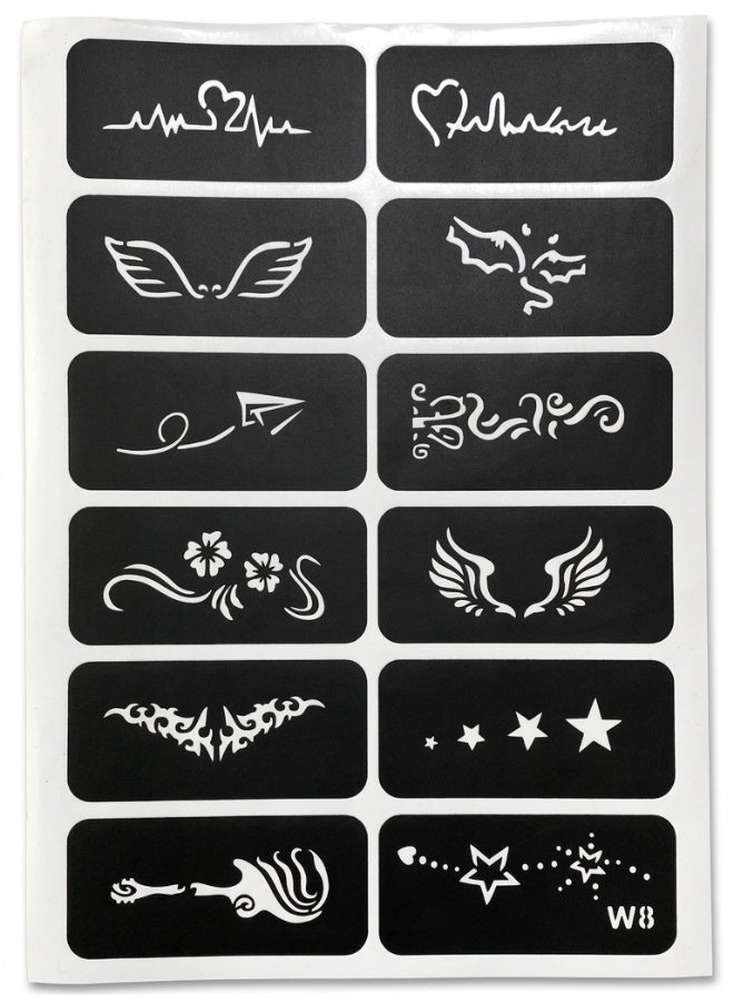 شيت استنسل تاتو مؤقت لاصق 12 تصميم متنوع – قوالب رسم حناء جاهزة للاستخدام على الجلد – استنسل وشم مؤقت للجسم بتصاميم قلوب ونبض القلب وأجنحة ونجوم وزخارف وطائرة ورقية وغيتار – قوالب تاتو دقيقة للفتيات والشباب – استنسل فينيل مرن لرسومات نظيفة بدون تسريب – مناسب للحناء والجليتر وألوان الجسم – للاستخدام على المعصم والكاحل والرقبة والظهر - Image 1