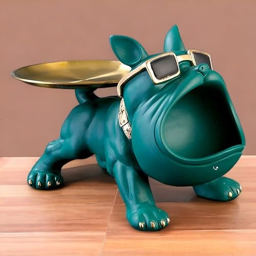 SkyKey Home Decor Bulldog Storage Butler Sculpture Showpiece for Living Room Tray and Bowl Decorative Statue For Gift, Home, Bedroom, Office Desk Decor Storage for Keys, Jewellery, and Trinkets, Green - Image 1
