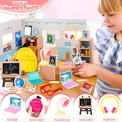 FFNIU 30Pcs Mini School Supplies, Doll School Supplies Includes Mini Doll Backpack Laptops Glasses Blackboard Book Palette Paper Ruler Scissors Calculator for Dolls Accessories Set - Image 3
