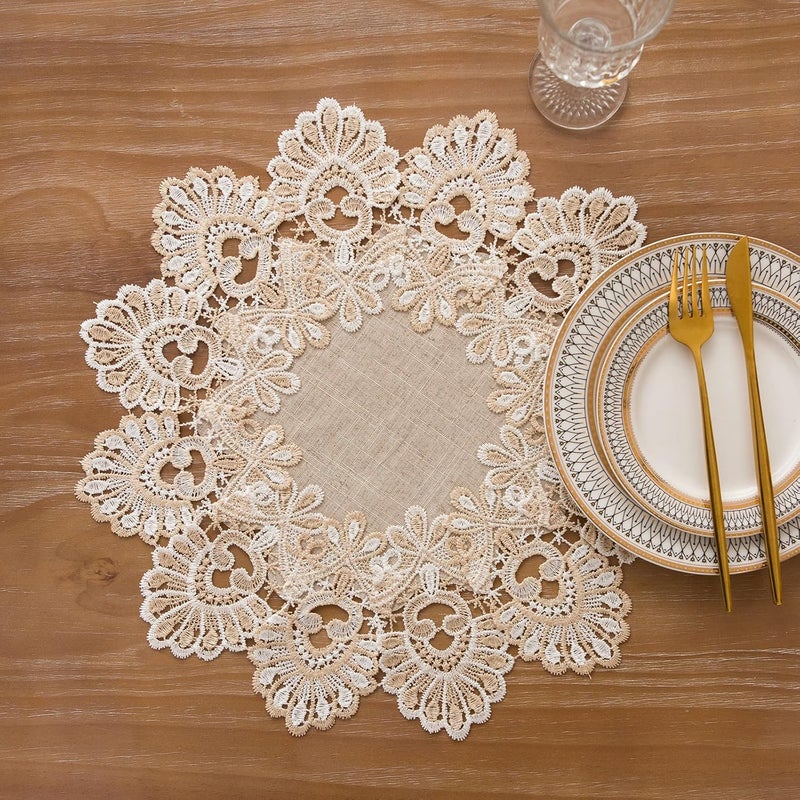 VIRFONOR European Antique Jacquard Lace Table DoiliesSmall Farmhouse Linen Embroidered Table Topper Scarf Place Mat RusticTable Cover Flower Shape Diameter 157Inch - Image 3
