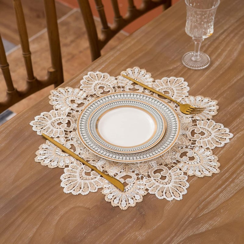 VIRFONOR European Antique Jacquard Lace Table DoiliesSmall Farmhouse Linen Embroidered Table Topper Scarf Place Mat RusticTable Cover Flower Shape Diameter 157Inch - Image 2
