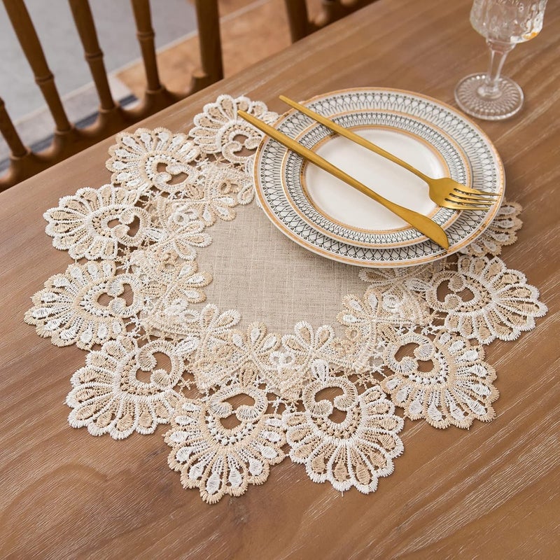 VIRFONOR European Antique Jacquard Lace Table DoiliesSmall Farmhouse Linen Embroidered Table Topper Scarf Place Mat RusticTable Cover Flower Shape Diameter 157Inch - Image 4