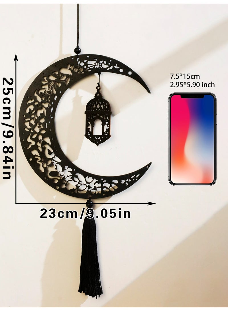 قطعة واحدة من الزخرفة الخشبية المعلقة على الحائط، تصميم القمر والنجمة بأسلوب إسلامي، ديكور أنيق للمنزل لغرفة المعيشة أو غرفة النوم أو المدخل، مثالي للهدايا والاحتفالات الموسمية - Image 5