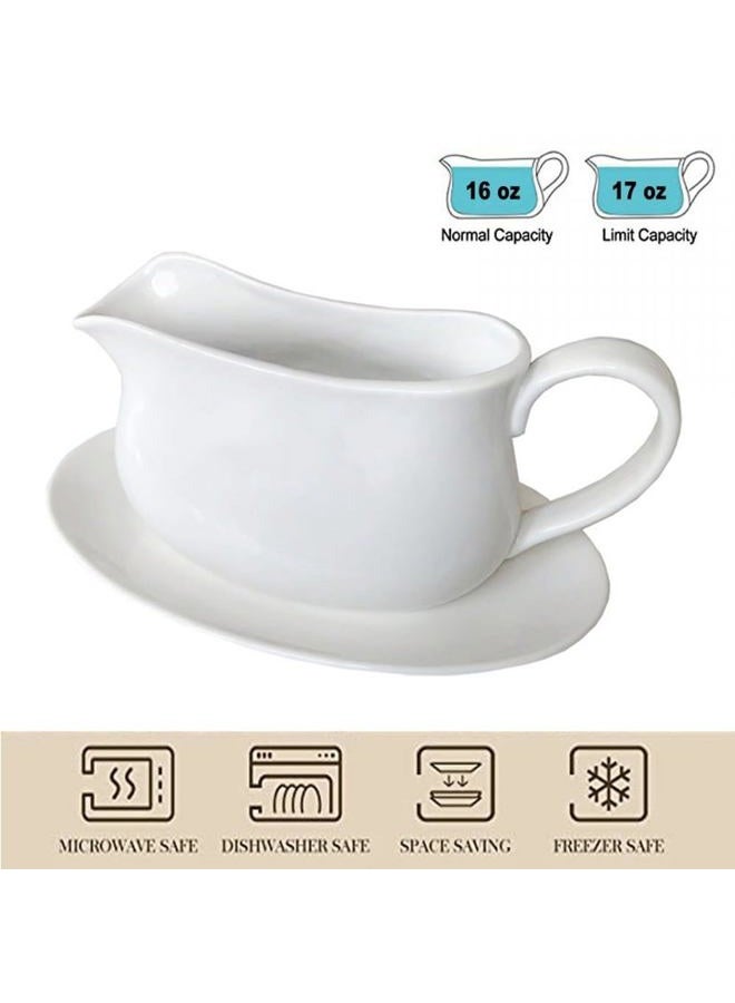 Qlans 17oz Gravy Boat with Saucer Stand, Set of 1, Ceramic Sauce Boat with Tray for Salad Dressings,ketchup， Creamer, Broth, Black Pepper, White - Image 2